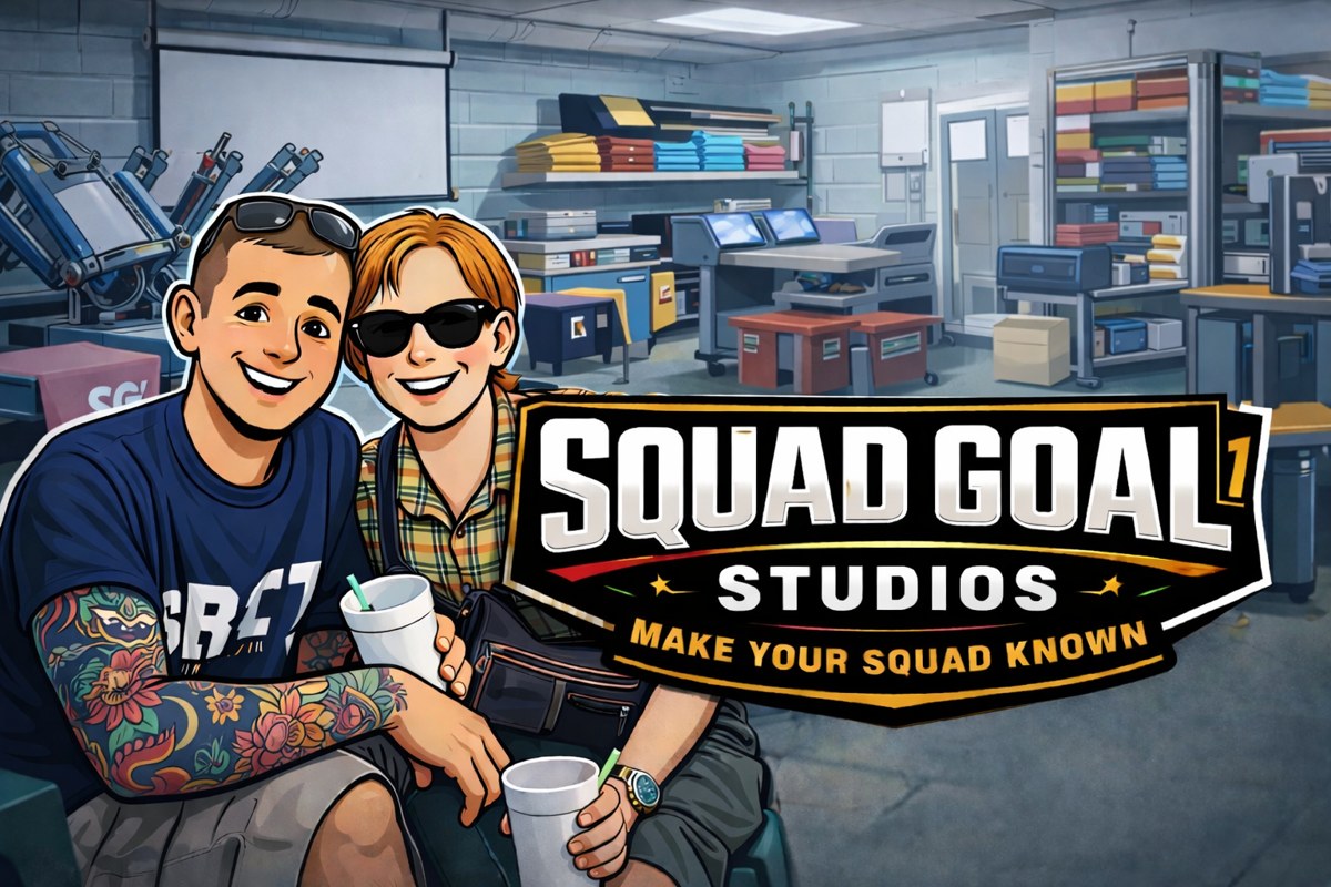 Cartoon husband-and-wife team in a custom shirt printing studio with the Squad Goal Studios logo.